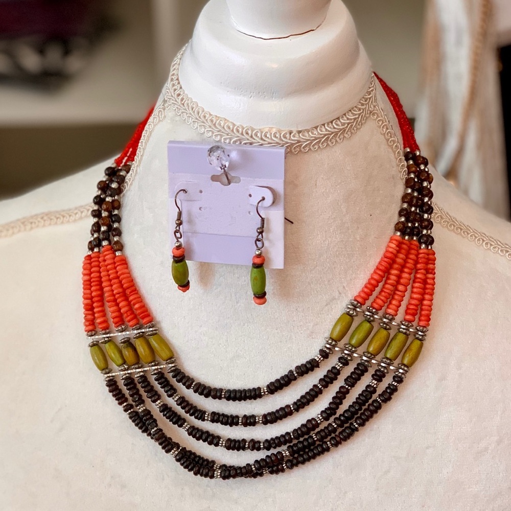 Handcrafted Multistrand Beaded Necklace with Earrings - Orange & Olive